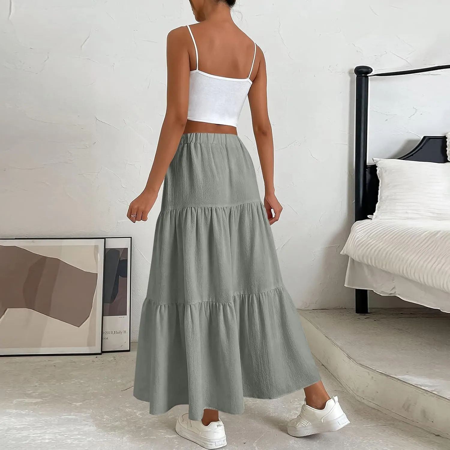 Womens Summer Flowy Swing Midi Skirts Boho High Elastic Waist Fake Drawstring Floral Print A line Casual Cute Skirt