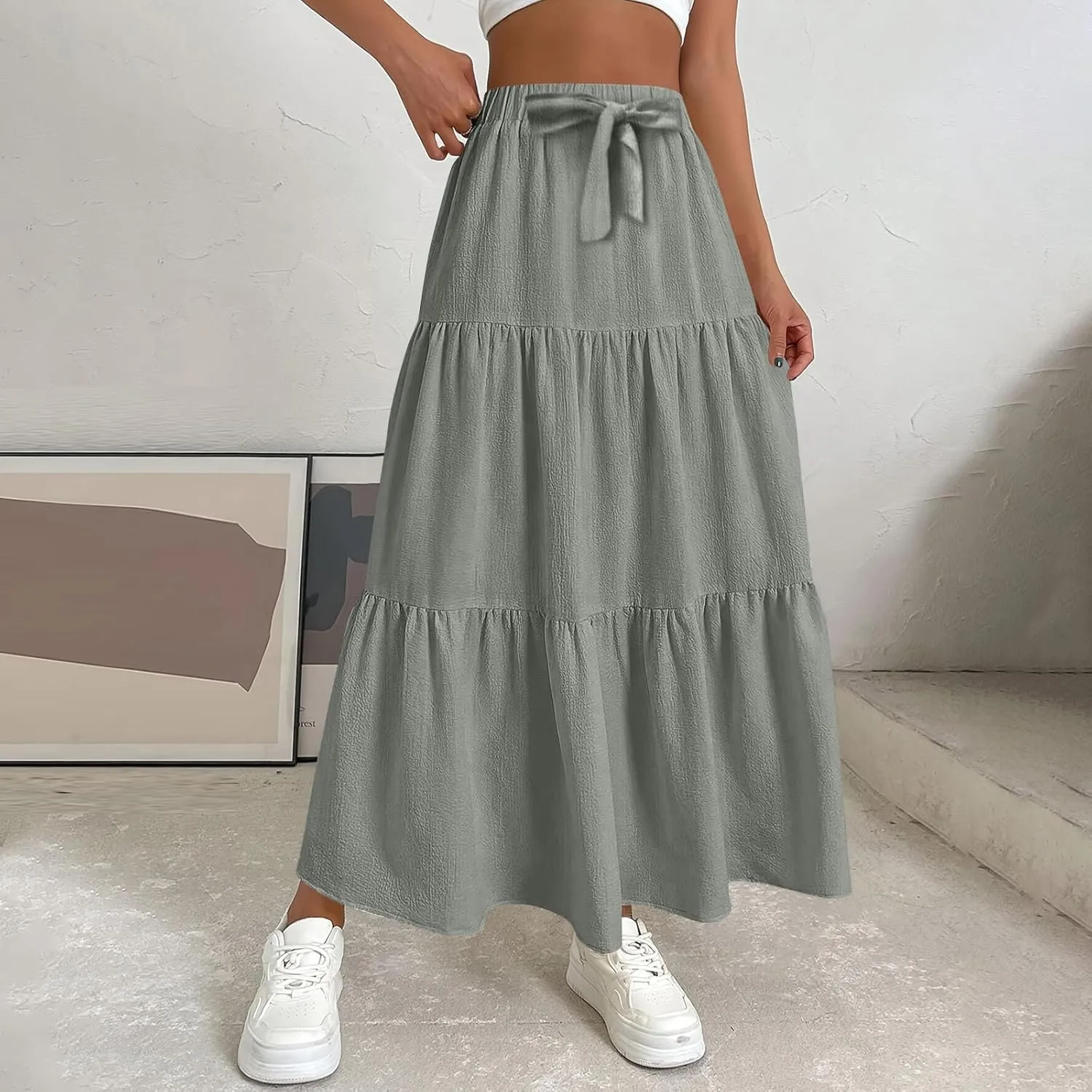 Womens Summer Flowy Swing Midi Skirts Boho High Elastic Waist Fake Drawstring Floral Print A line Casual Cute Skirt