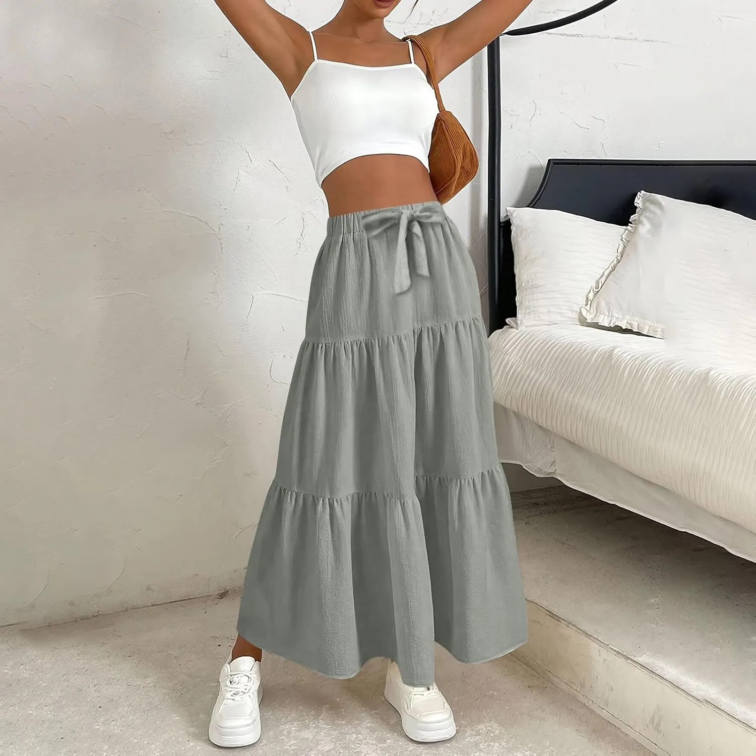Womens Summer Flowy Swing Midi Skirts Boho High Elastic Waist Fake Drawstring Floral Print A line Casual Cute Skirt