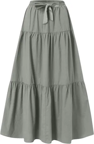 Womens Summer Flowy Swing Midi Skirts Boho High Elastic Waist Fake Drawstring Floral Print A line Casual Cute Skirt