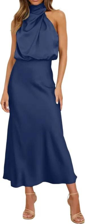 Women's Summer Long Formal Satin Dress Mock Neck Sleeveless Side Slit Flowy Maxi Tank Dresses Plus Size Summer