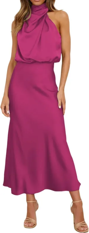 Women's Summer Long Formal Satin Dress Mock Neck Sleeveless Side Slit Flowy Maxi Tank Dresses Plus Size Summer