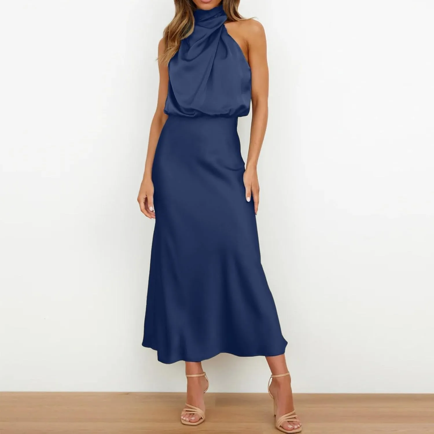 Women's Summer Long Formal Satin Dress Mock Neck Sleeveless Side Slit Flowy Maxi Tank Dresses Plus Size Summer