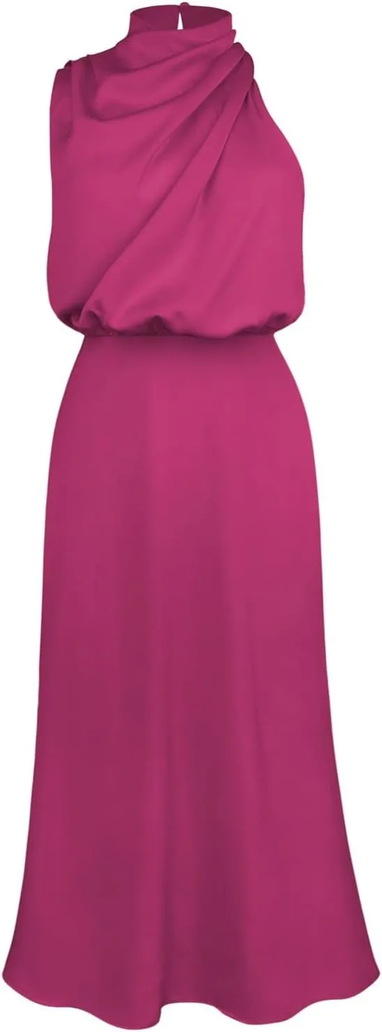Women's Summer Long Formal Satin Dress Mock Neck Sleeveless Side Slit Flowy Maxi Tank Dresses Plus Size Summer