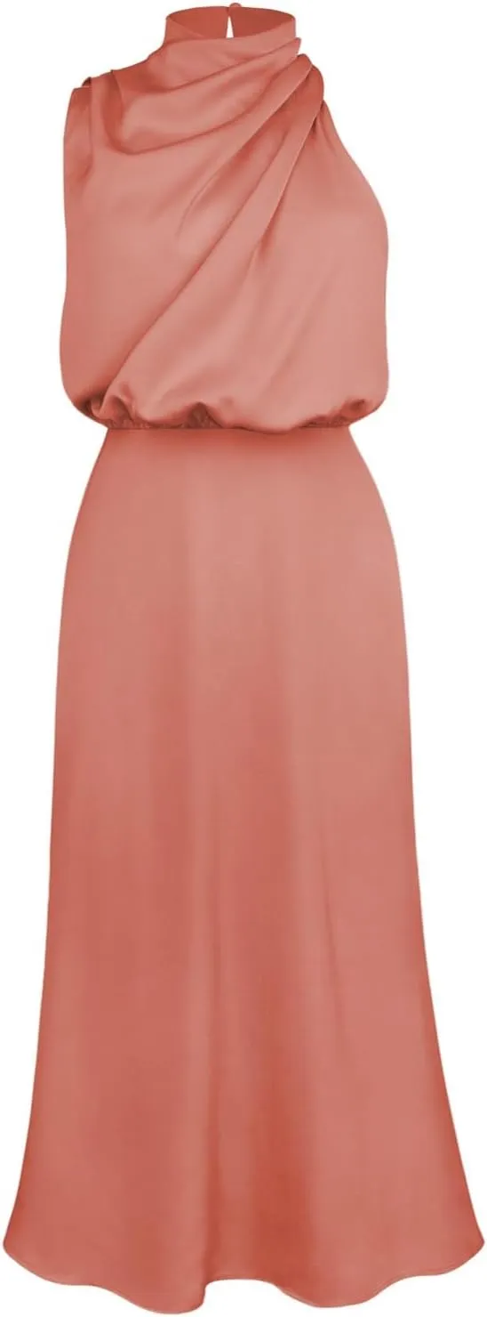 Women's Summer Long Formal Satin Dress Mock Neck Sleeveless Side Slit Flowy Maxi Tank Dresses Plus Size Summer