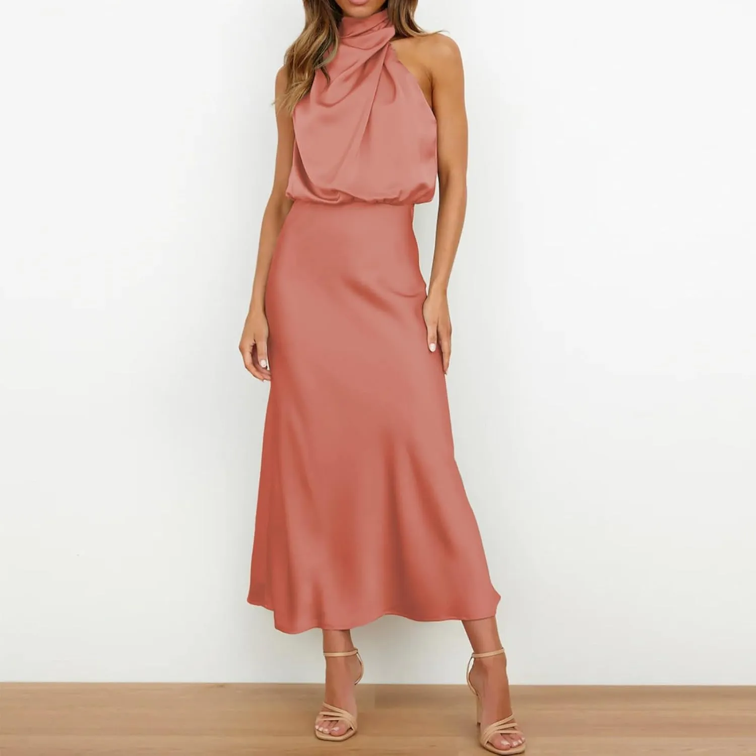 Women's Summer Long Formal Satin Dress Mock Neck Sleeveless Side Slit Flowy Maxi Tank Dresses Plus Size Summer