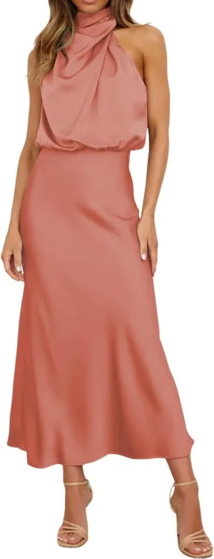 Women's Summer Long Formal Satin Dress Mock Neck Sleeveless Side Slit Flowy Maxi Tank Dresses Plus Size Summer