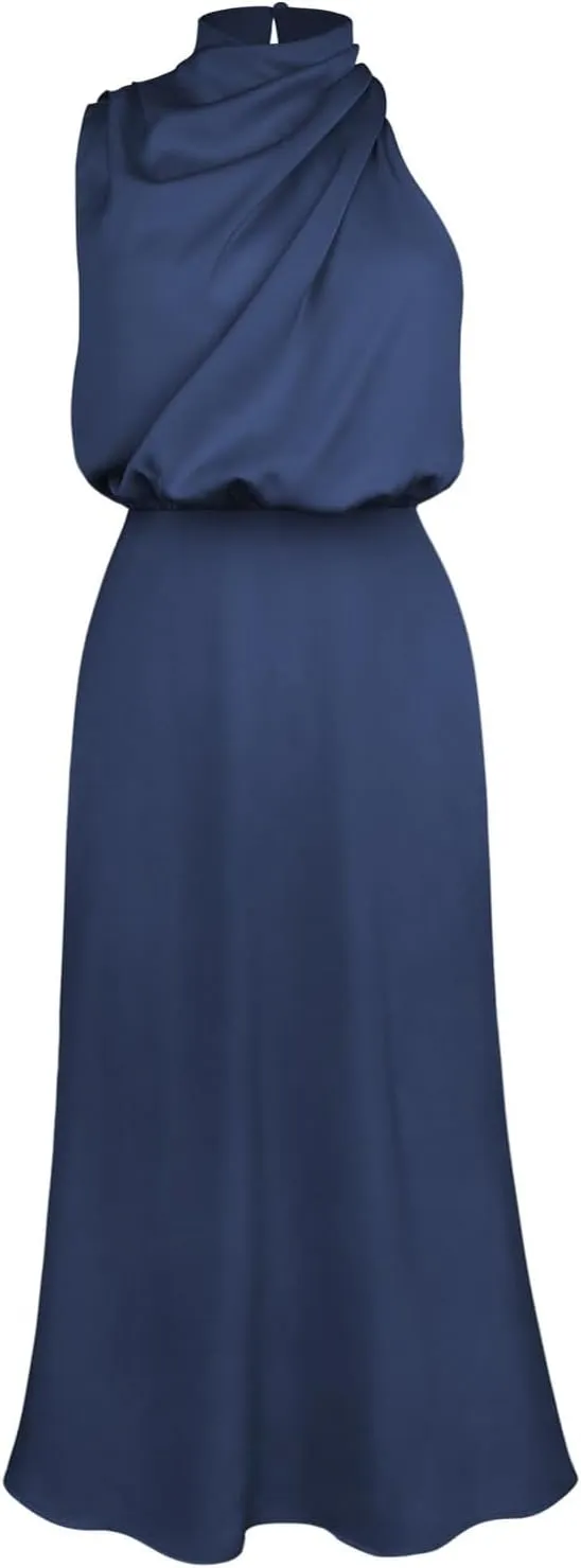 Women's Summer Long Formal Satin Dress Mock Neck Sleeveless Side Slit Flowy Maxi Tank Dresses Plus Size Summer