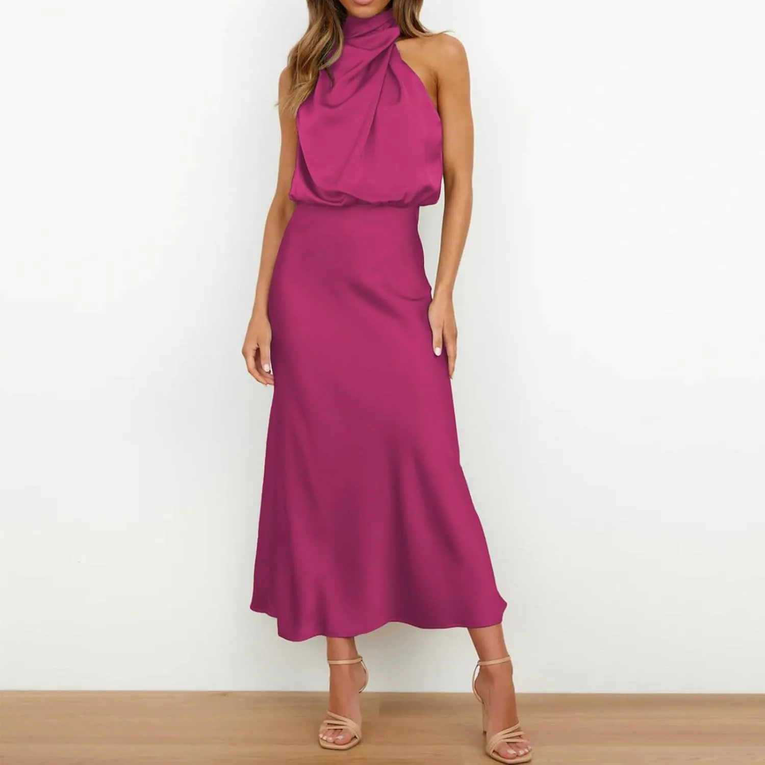Women's Summer Long Formal Satin Dress Mock Neck Sleeveless Side Slit Flowy Maxi Tank Dresses Plus Size Summer