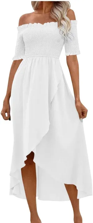 Womens Summer Midi Dresses Short Sleeve Off The Shoulder Flowy Long Dress Casual Loose Flowy Beach Dress