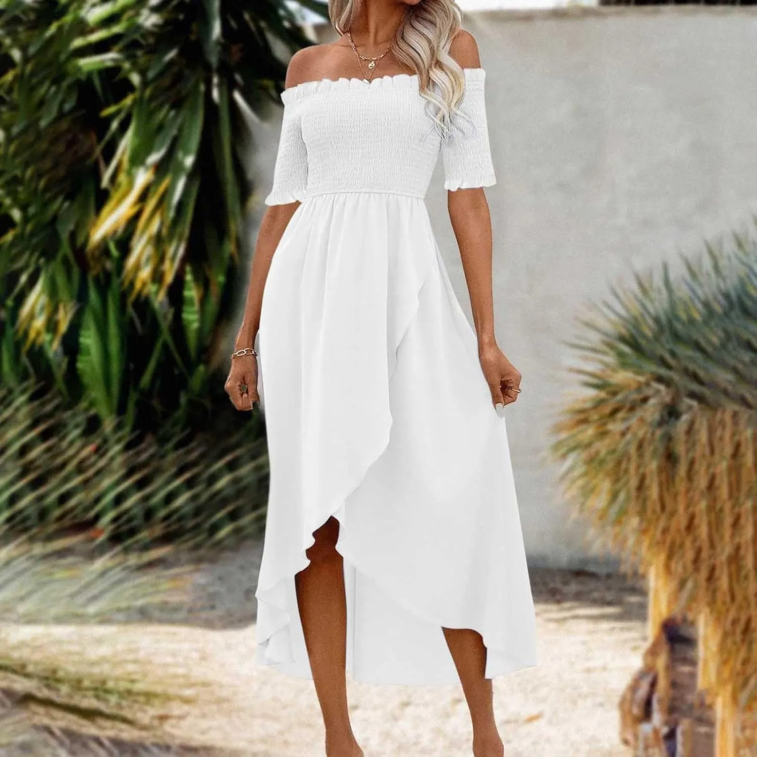 Womens Summer Midi Dresses Short Sleeve Off The Shoulder Flowy Long Dress Casual Loose Flowy Beach Dress