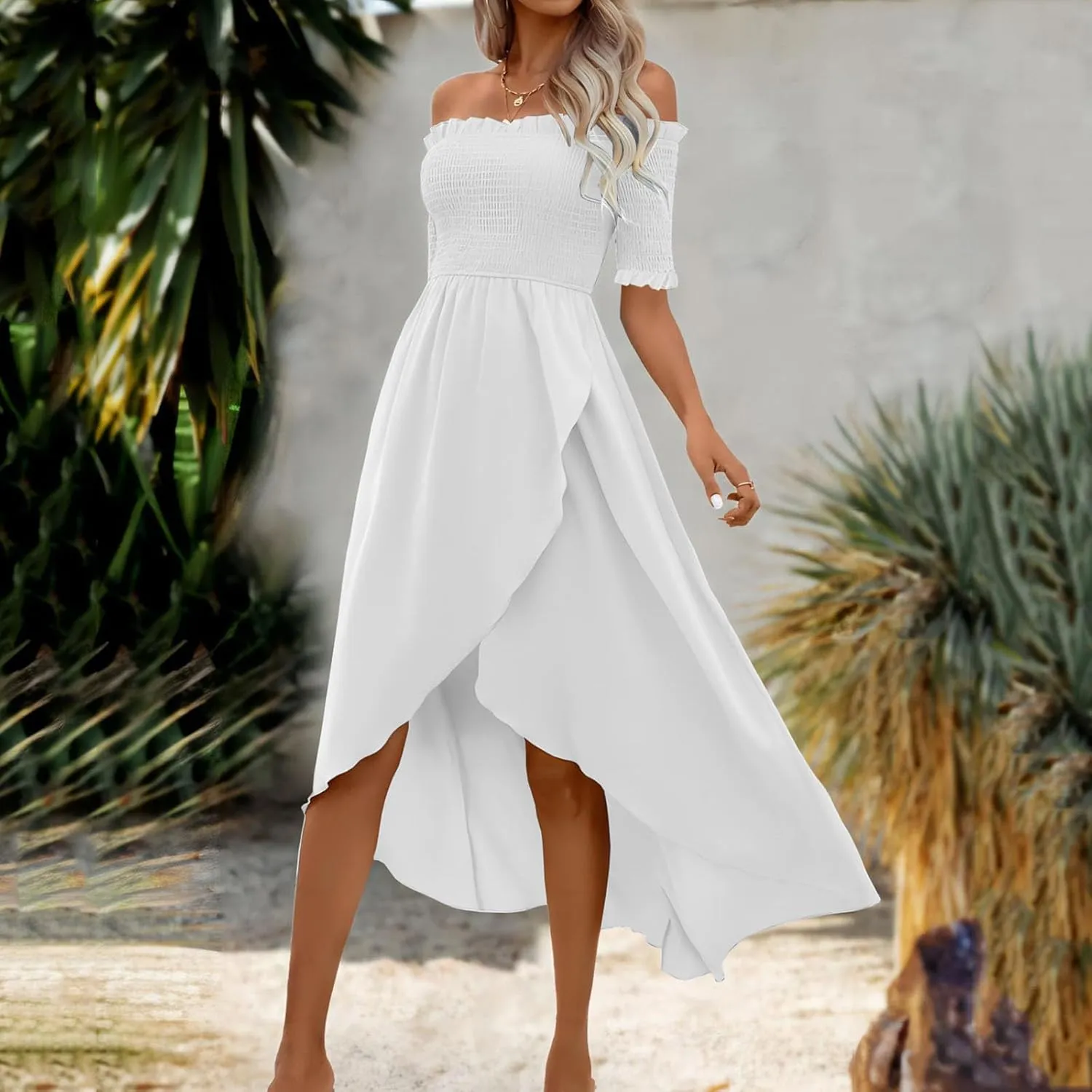 Womens Summer Midi Dresses Short Sleeve Off The Shoulder Flowy Long Dress Casual Loose Flowy Beach Dress