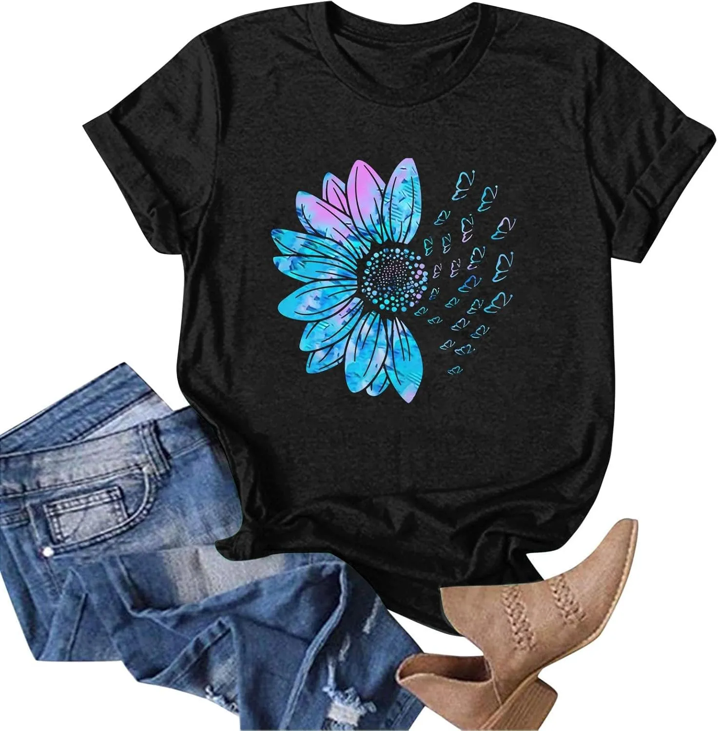 Womens Summer Short Sleeve Tops Vintage Floral Crew Neck Loose Fit Tees Casual Summer Basic Tunic Top Trendy 2025