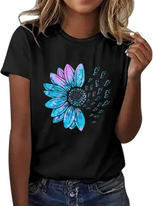 Womens Summer Short Sleeve Tops Vintage Floral Crew Neck Loose Fit Tees Casual Summer Basic Tunic Top Trendy 2025
