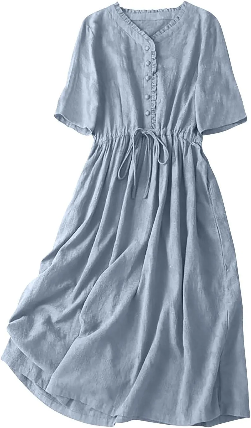 Womens Summer Trendy Textured Midi Dresses Casual Elbow Length Sleeve V Neck Drawstring Waist Pleated Flowy Boho Dress