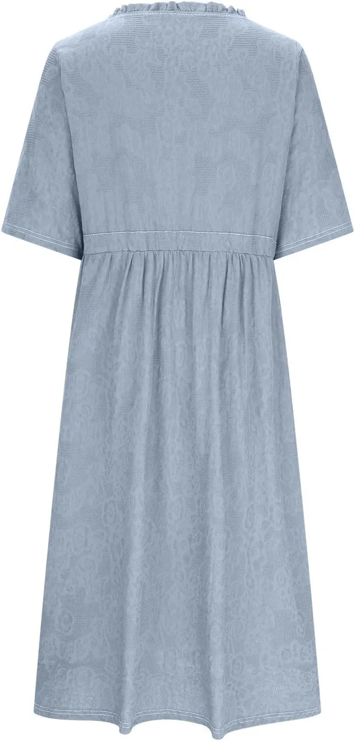 Womens Summer Trendy Textured Midi Dresses Casual Elbow Length Sleeve V Neck Drawstring Waist Pleated Flowy Boho Dress