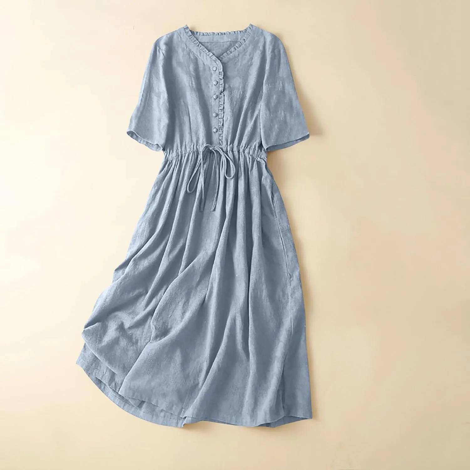 Womens Summer Trendy Textured Midi Dresses Casual Elbow Length Sleeve V Neck Drawstring Waist Pleated Flowy Boho Dress
