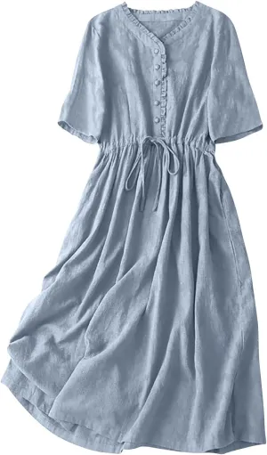 Womens Summer Trendy Textured Midi Dresses Casual Elbow Length Sleeve V Neck Drawstring Waist Pleated Flowy Boho Dress