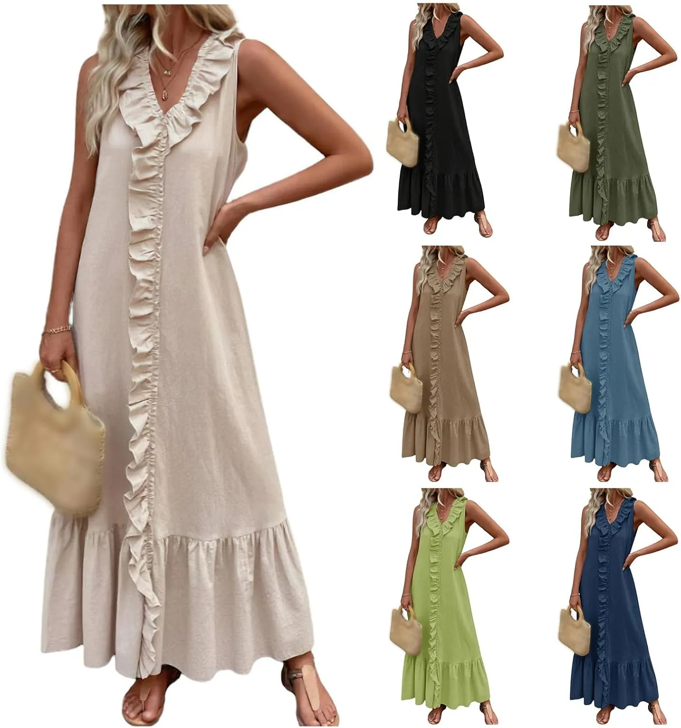 Women's Summer V Neck Sleeveless Maxi Dress Casual A Line Tiered Ruffle Hem Long Dresses Flowy Sundress