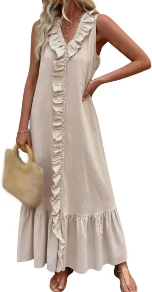 Women's Summer V Neck Sleeveless Maxi Dress Casual A Line Tiered Ruffle Hem Long Dresses Flowy Sundress