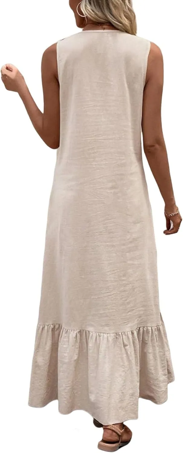 Women's Summer V Neck Sleeveless Maxi Dress Casual A Line Tiered Ruffle Hem Long Dresses Flowy Sundress