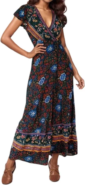 Women's Summer Wrap Maxi Dress Casual Boho Floral V Neck Short Sleeve Ruffle Hem Split Vacation Sexy Long Dress