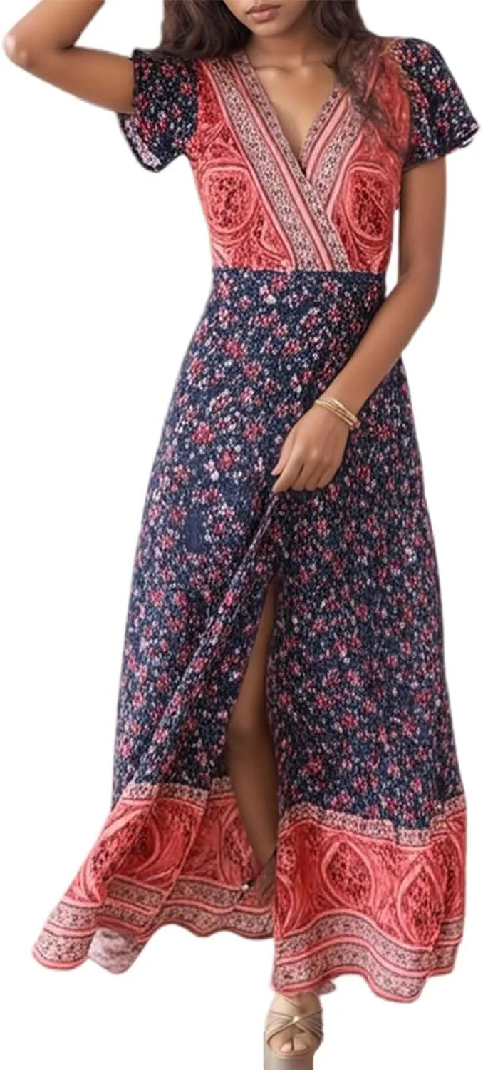 Women's Summer Wrap Maxi Dress Casual Boho Floral V Neck Short Sleeve Ruffle Hem Split Vacation Sexy Long Dress