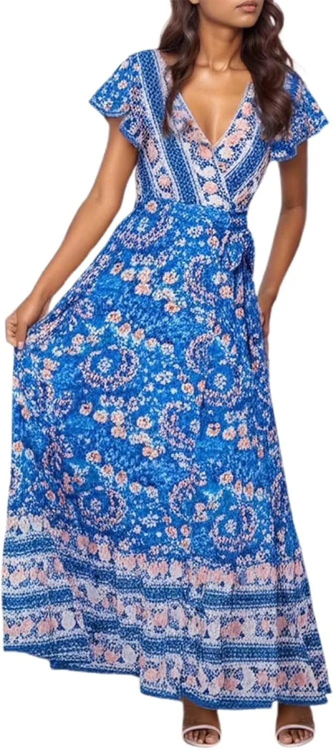 Women's Summer Wrap Maxi Dress Casual Boho Floral V Neck Short Sleeve Ruffle Hem Split Vacation Sexy Long Dress