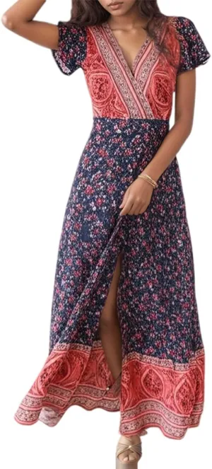 Women's Summer Wrap Maxi Dress Casual Boho Floral V Neck Short Sleeve Ruffle Hem Split Vacation Sexy Long Dress
