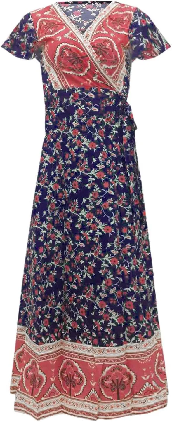 Women's Summer Wrap Maxi Dress Casual Boho Floral V Neck Short Sleeve Ruffle Hem Split Vacation Sexy Long Dress