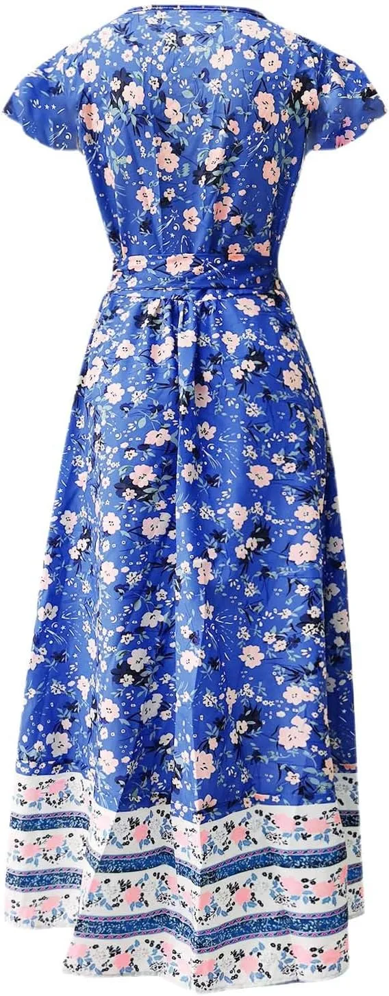 Women's Summer Wrap Maxi Dress Casual Boho Floral V Neck Short Sleeve Ruffle Hem Split Vacation Sexy Long Dress