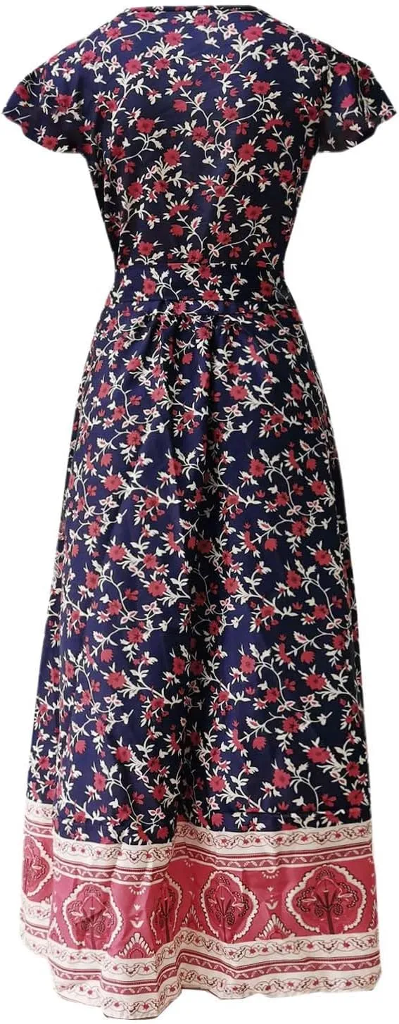 Women's Summer Wrap Maxi Dress Casual Boho Floral V Neck Short Sleeve Ruffle Hem Split Vacation Sexy Long Dress