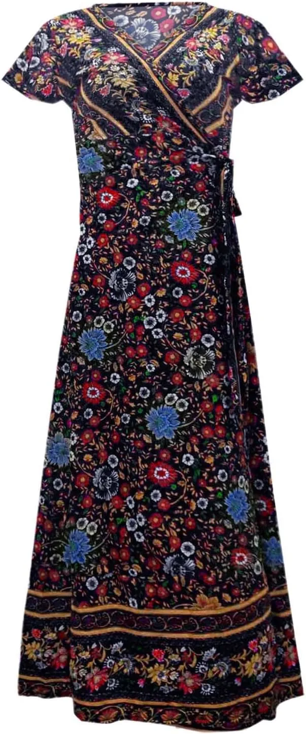 Women's Summer Wrap Maxi Dress Casual Boho Floral V Neck Short Sleeve Ruffle Hem Split Vacation Sexy Long Dress