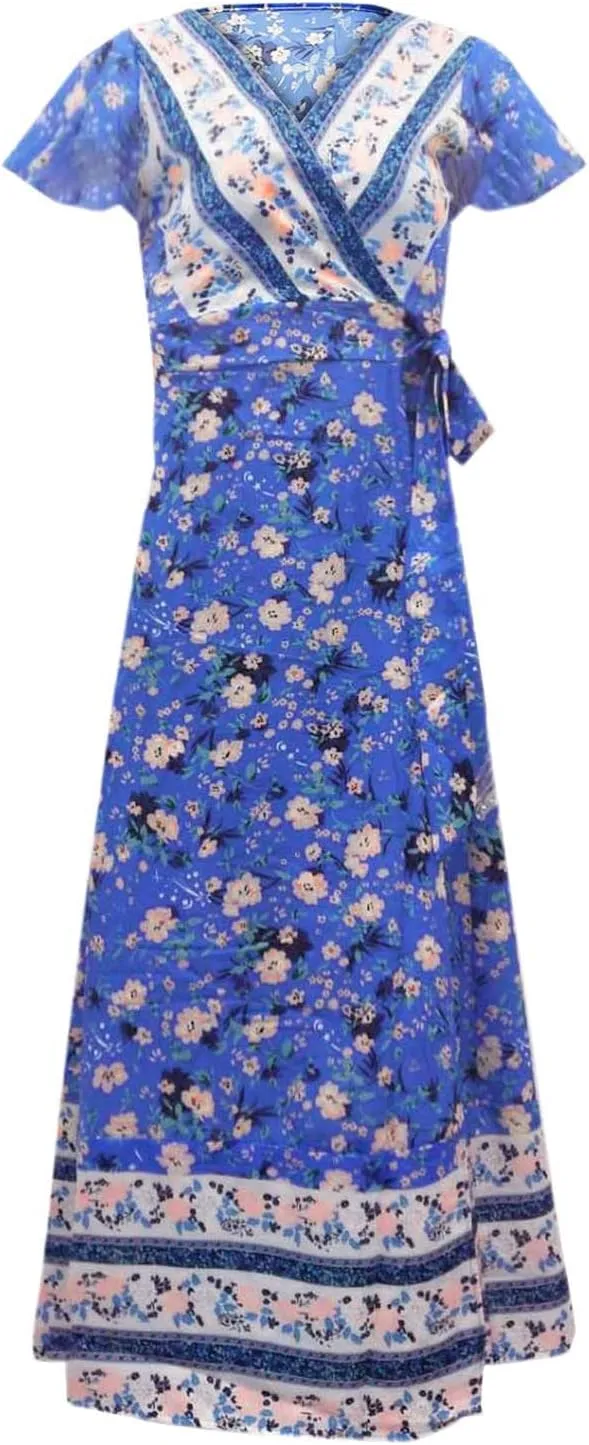 Women's Summer Wrap Maxi Dress Casual Boho Floral V Neck Short Sleeve Ruffle Hem Split Vacation Sexy Long Dress