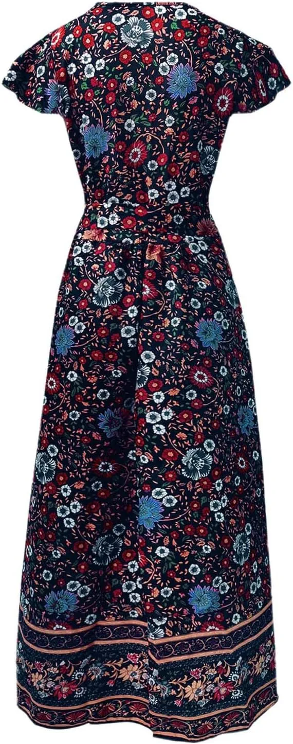 Women's Summer Wrap Maxi Dress Casual Boho Floral V Neck Short Sleeve Ruffle Hem Split Vacation Sexy Long Dress