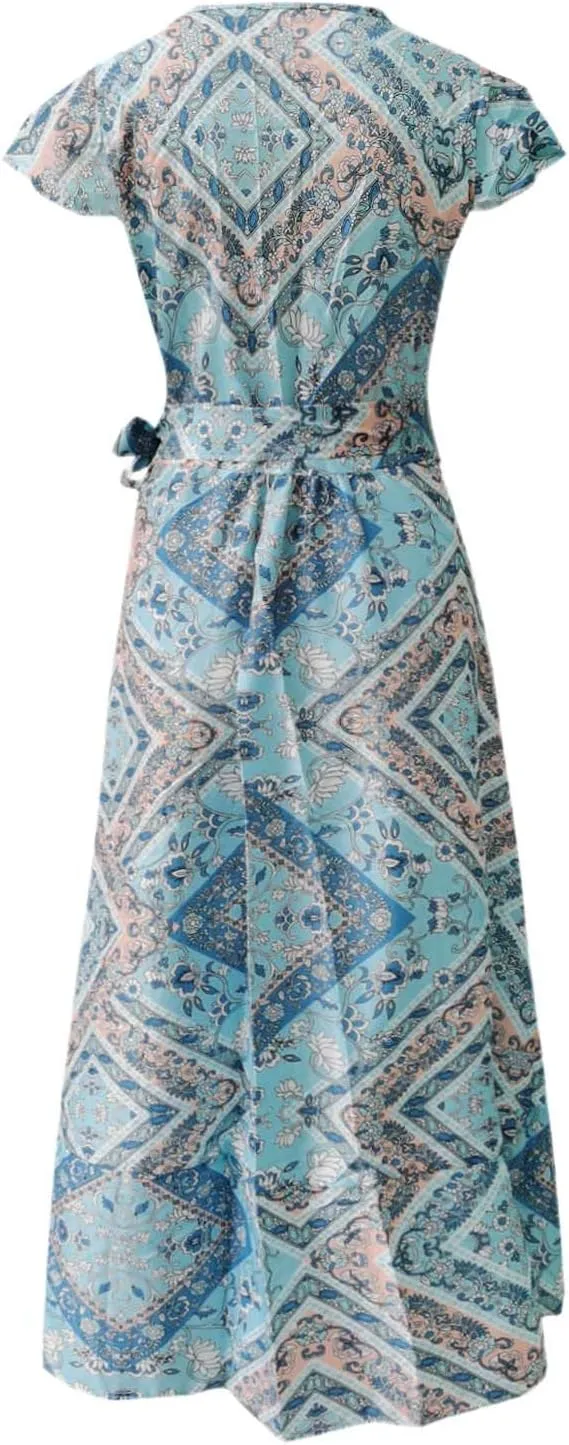 Women's Summer Wrap Maxi Dress Casual Boho Floral V Neck Short Sleeve Ruffle Hem Split Vacation Sexy Long Dress
