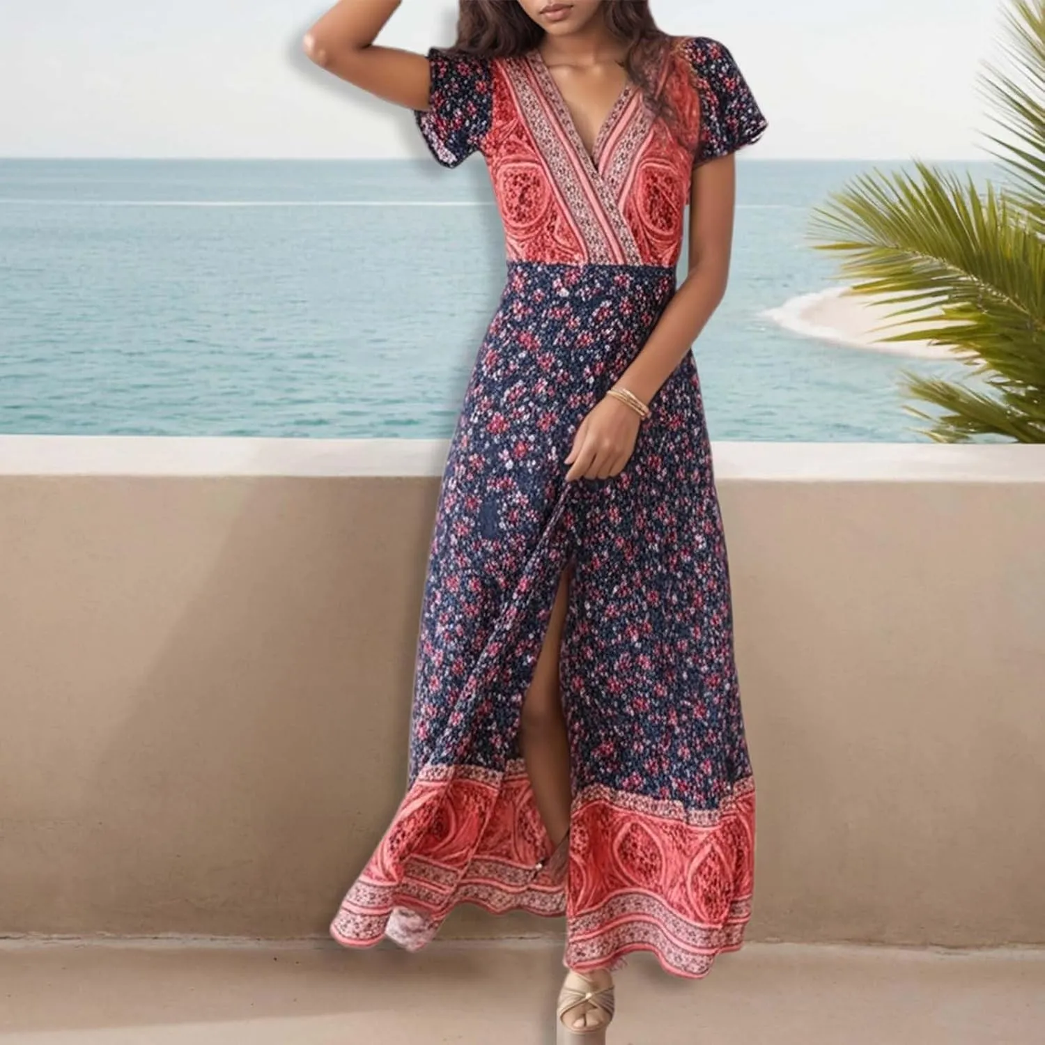 Women's Summer Wrap Maxi Dress Casual Boho Floral V Neck Short Sleeve Ruffle Hem Split Vacation Sexy Long Dress