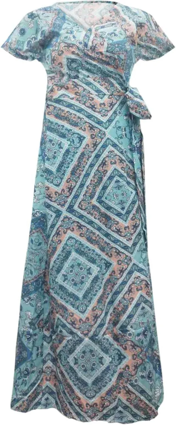 Women's Summer Wrap Maxi Dress Casual Boho Floral V Neck Short Sleeve Ruffle Hem Split Vacation Sexy Long Dress