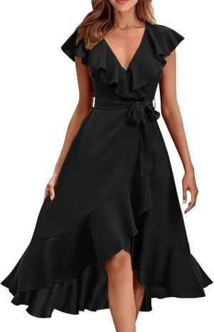 Womens Summer Wrap V Neck Split Party Dress Ruffle Short Sleeve Midi Dress with Belt