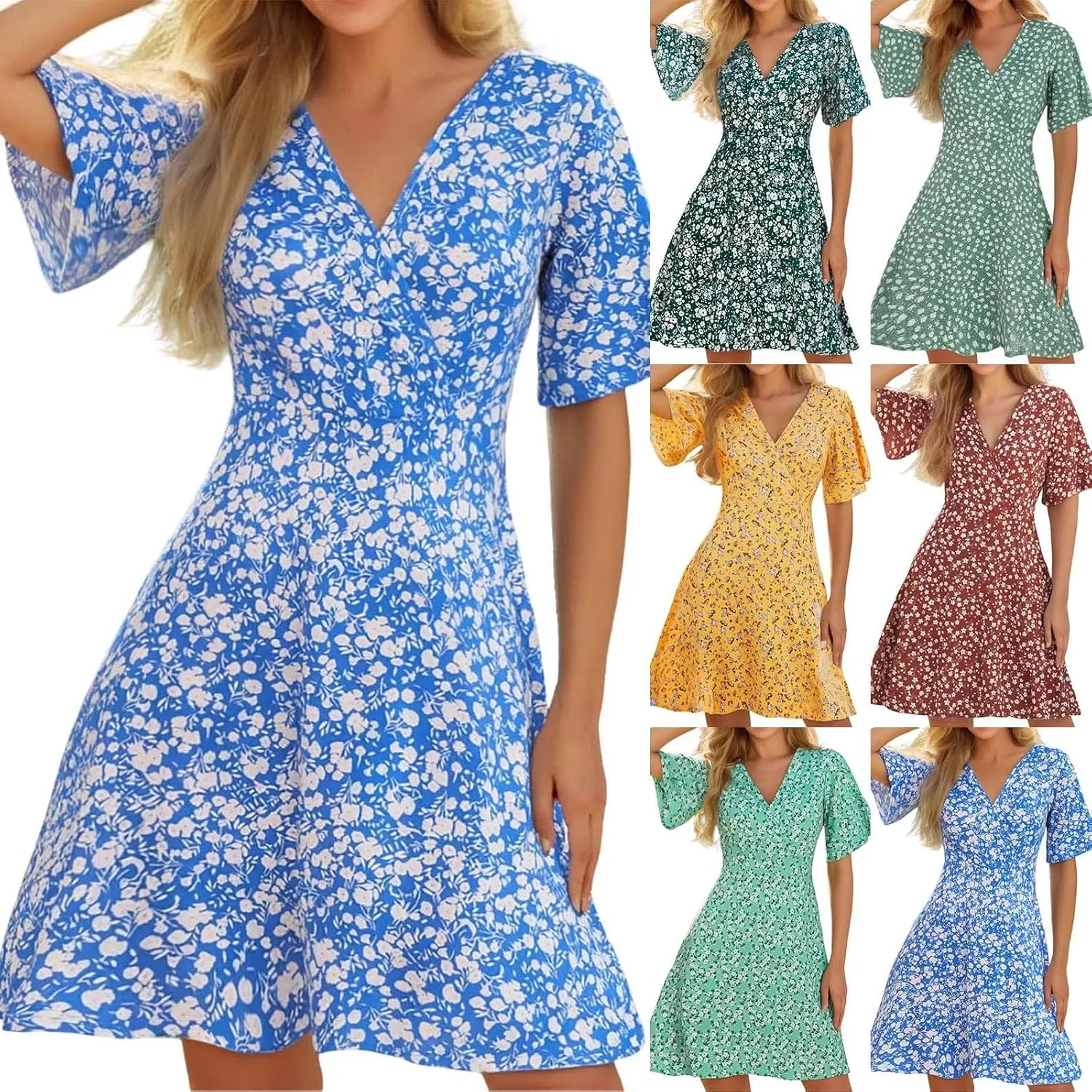 Womens Sundress Summer Casual Floral Short Sleeve Wrap V Neck A-Line Midi Dress Vacation Beach Dresses