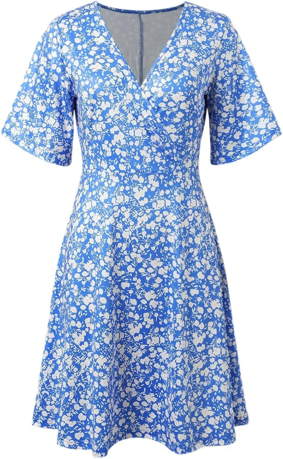 Womens Sundress Summer Casual Floral Short Sleeve Wrap V Neck A-Line Midi Dress Vacation Beach Dresses