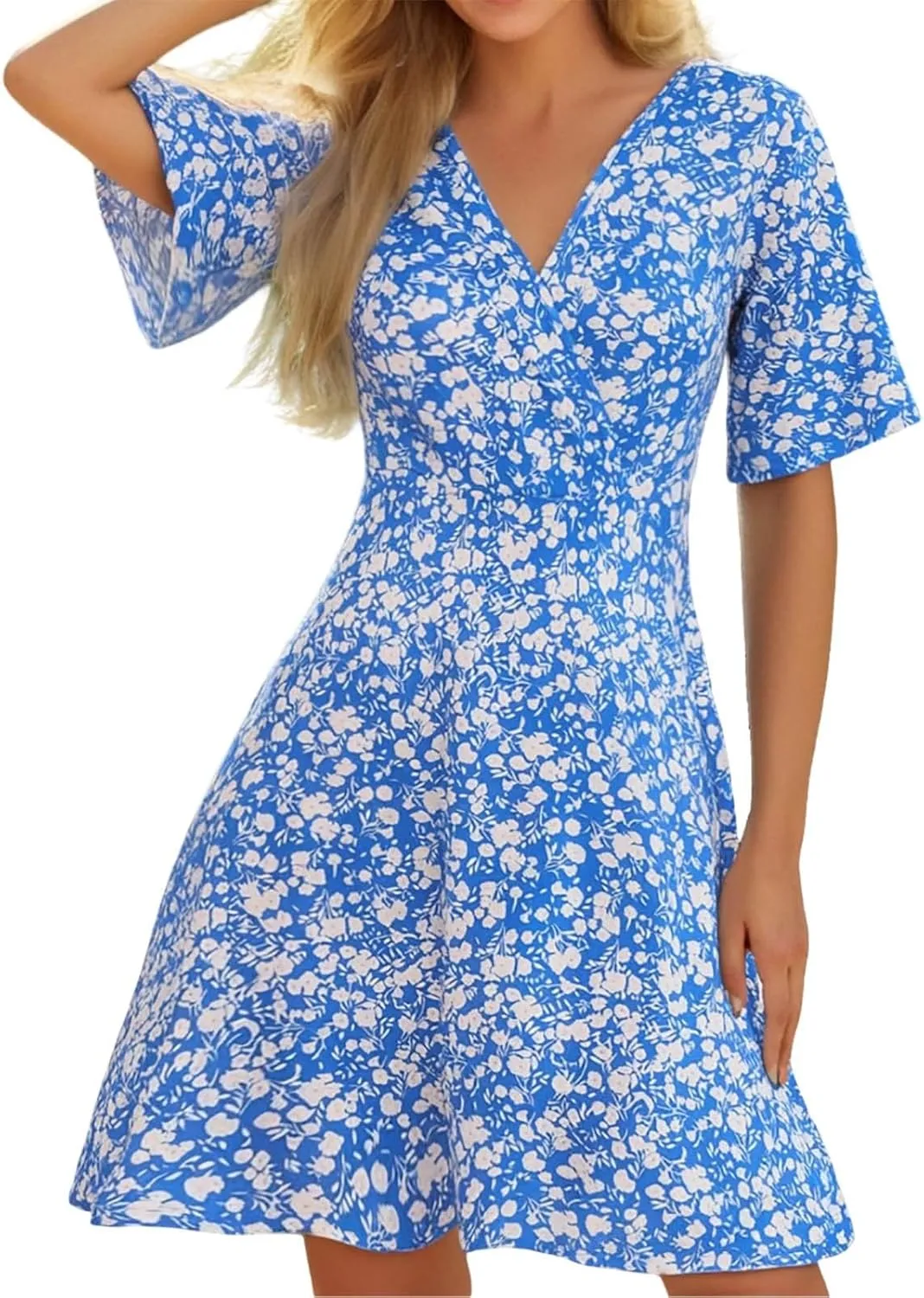 Womens Sundress Summer Casual Floral Short Sleeve Wrap V Neck A-Line Midi Dress Vacation Beach Dresses