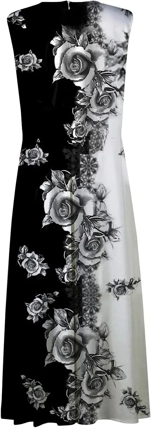 Women's Sundresses 2025 V-Neck Floral Print Sleeveless Casual Swing High Waist Long Maxi Dress, S-3XL