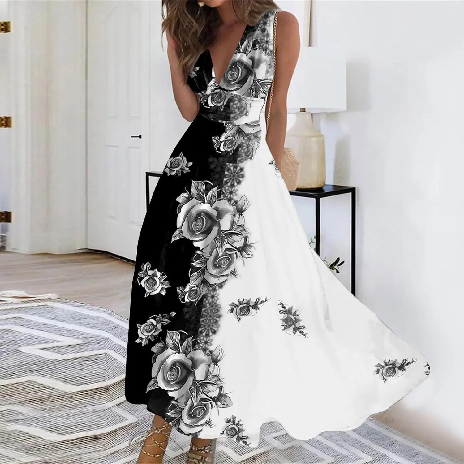 Women's Sundresses 2025 V-Neck Floral Print Sleeveless Casual Swing High Waist Long Maxi Dress, S-3XL