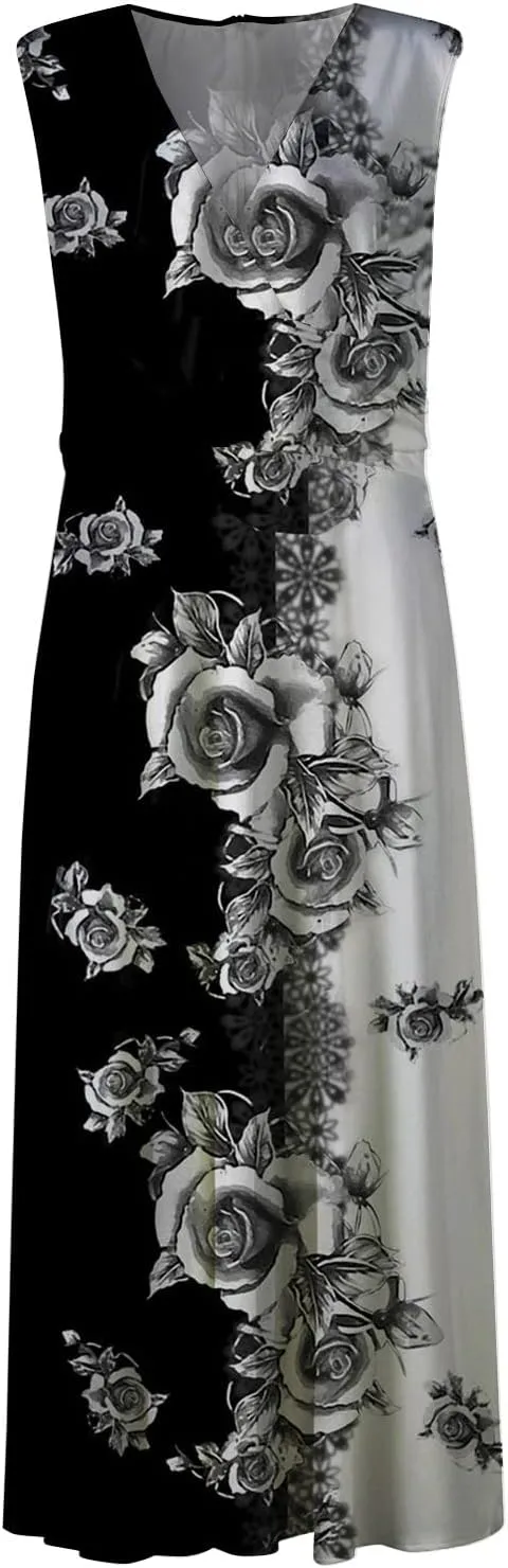 Women's Sundresses 2025 V-Neck Floral Print Sleeveless Casual Swing High Waist Long Maxi Dress, S-3XL