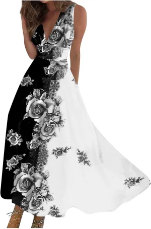 Women's Sundresses 2025 V-Neck Floral Print Sleeveless Casual Swing High Waist Long Maxi Dress, S-3XL
