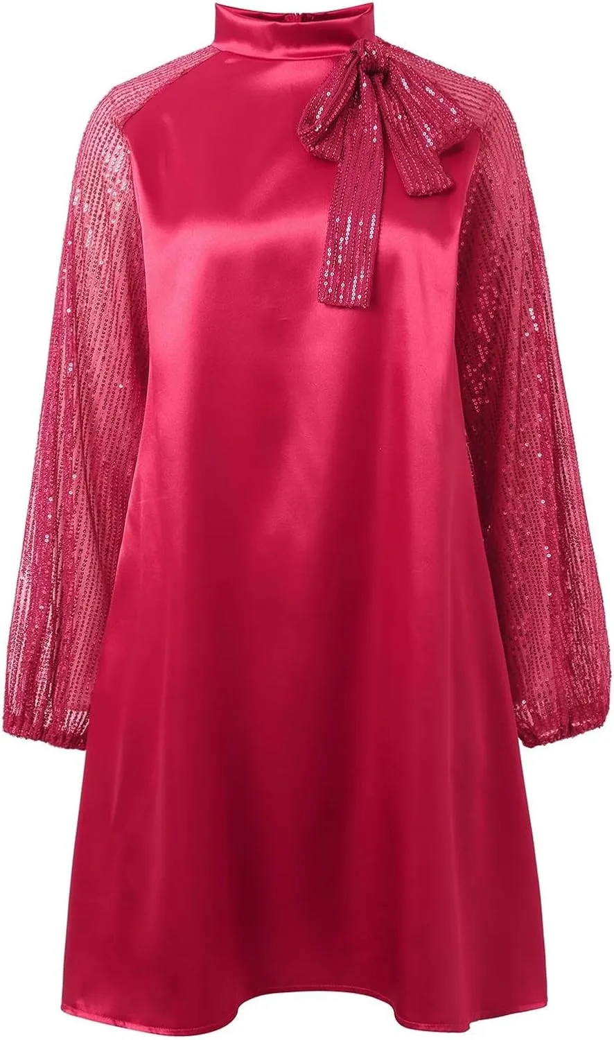 Women's Sweet Long Sleeved Round Neck Stitching Sequined Tie Mini Skirt Sweater for Sleeveless Dress
