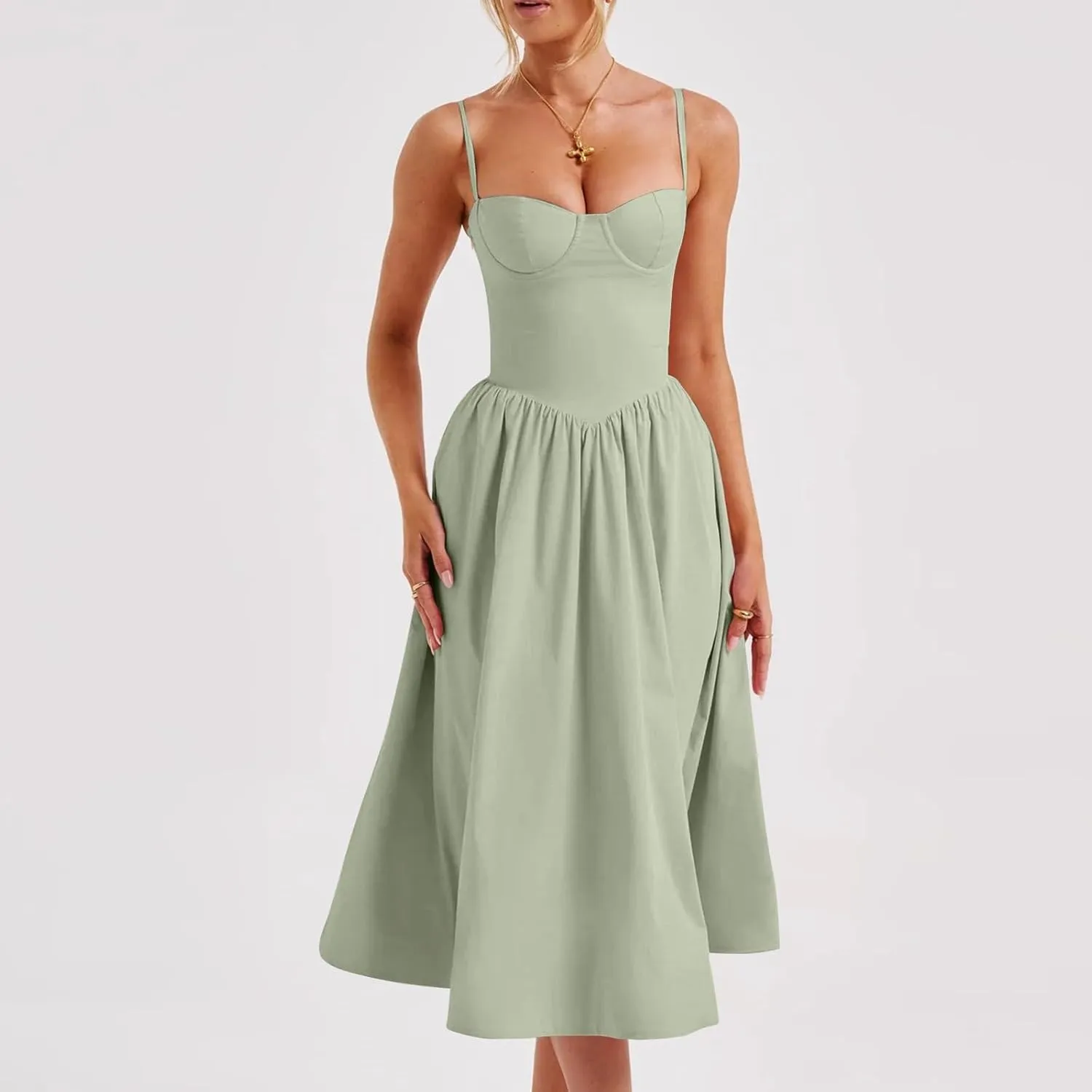 Women's Sweetheart Neck Formal Dresses Ruched Tie Back Sleeveless Hide Tummy Sundress Elegant Leg Length Wrap Midi Dress