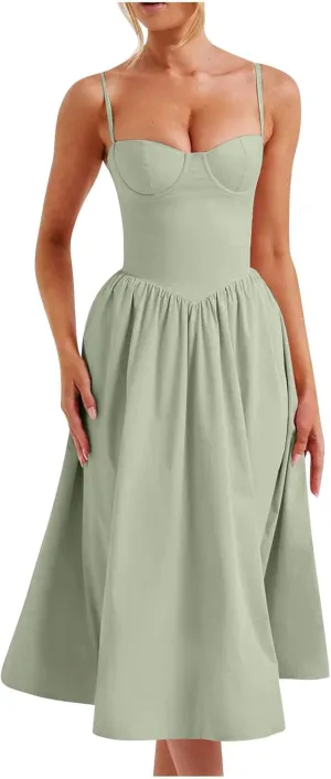 Women's Sweetheart Neck Formal Dresses Ruched Tie Back Sleeveless Hide Tummy Sundress Elegant Leg Length Wrap Midi Dress