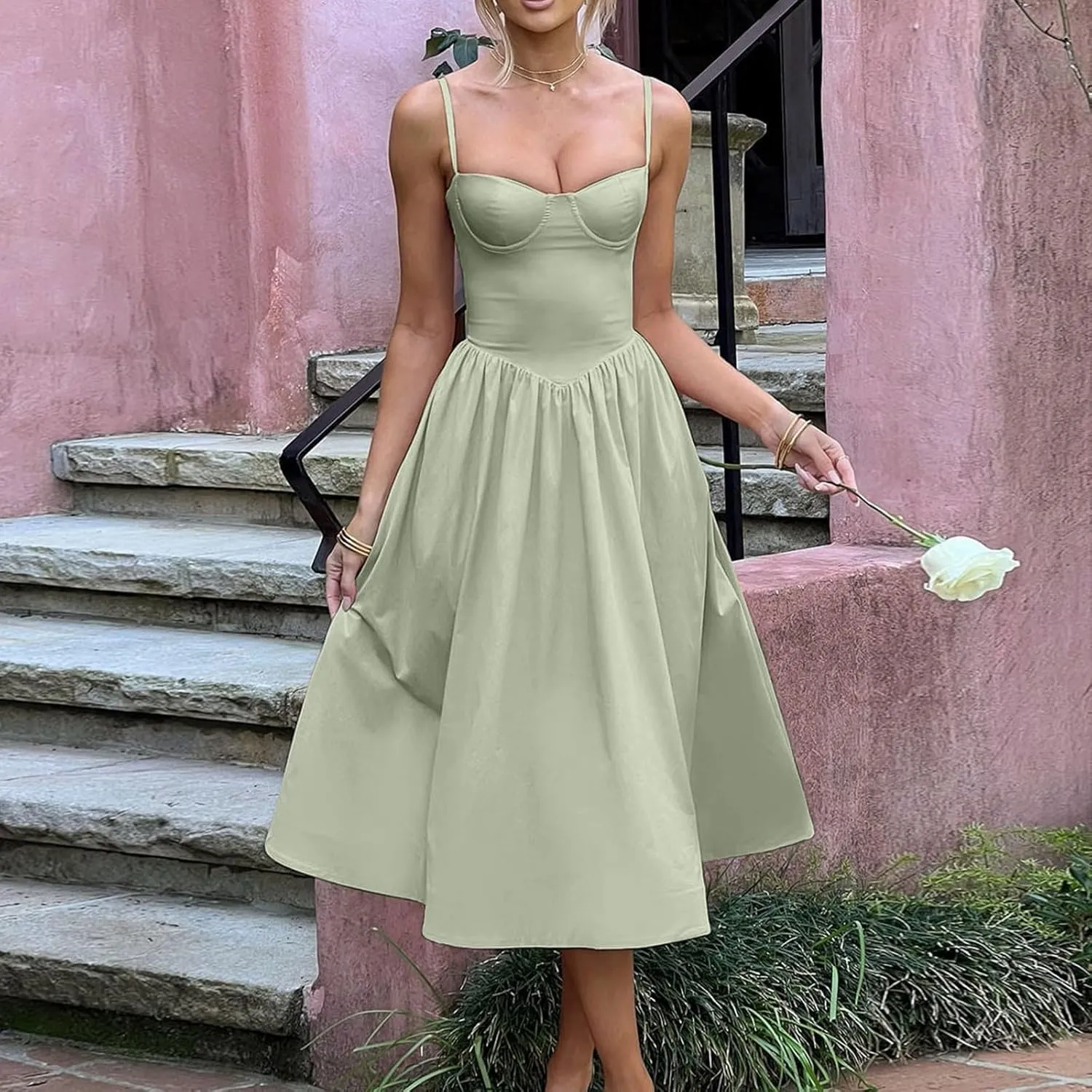 Women's Sweetheart Neck Formal Dresses Ruched Tie Back Sleeveless Hide Tummy Sundress Elegant Leg Length Wrap Midi Dress